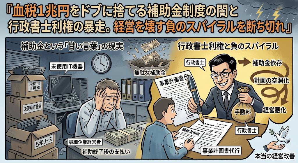 零細企業向け補助金ばら撒き政策の闇を、1枚の画像で表現した画像です。