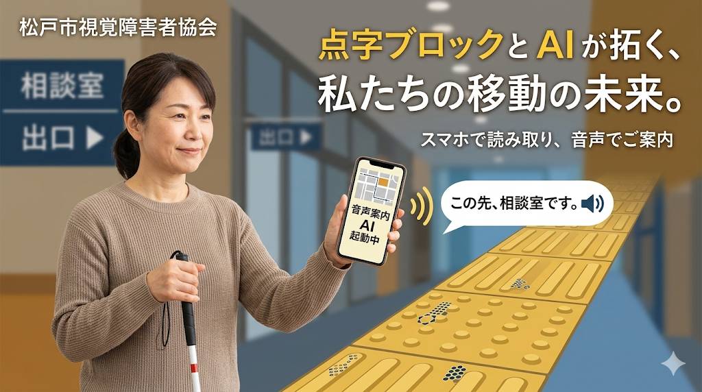 視覚障害者が利用する最新点字ブロック情報、AI音声案内による移動の未来をイメージした画像です。