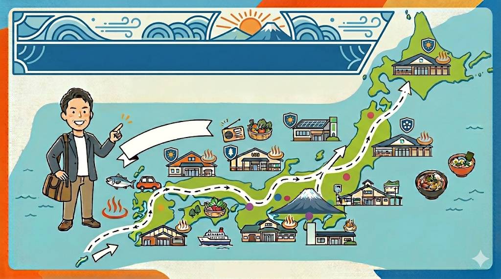 GWに立ち寄っていただきたい「道の駅」トップテンをイメージしたイラストです。