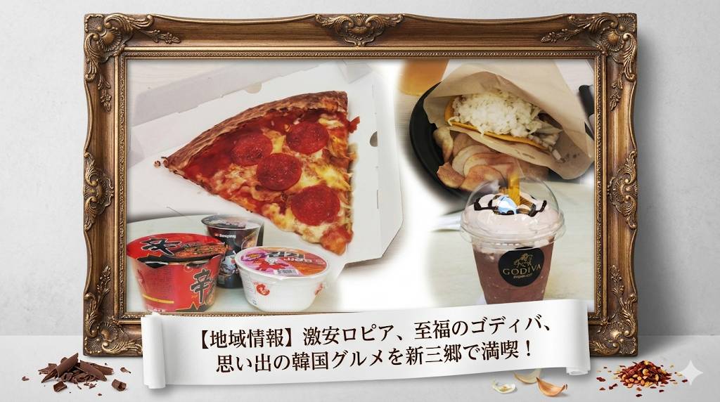 ロピアのタコスとピザ、ゴディバのショコリキサー、韓国フードコーナーの激カラカップ麺、それら3つの写真を1つの額縁に入れた合成画像です。