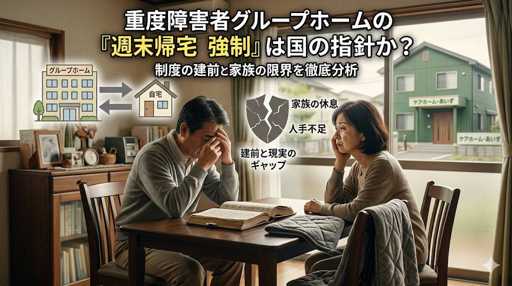 障害者グループホーム運用に関して、施設側の週末帰宅問題を問う、イメージ画像となっています。