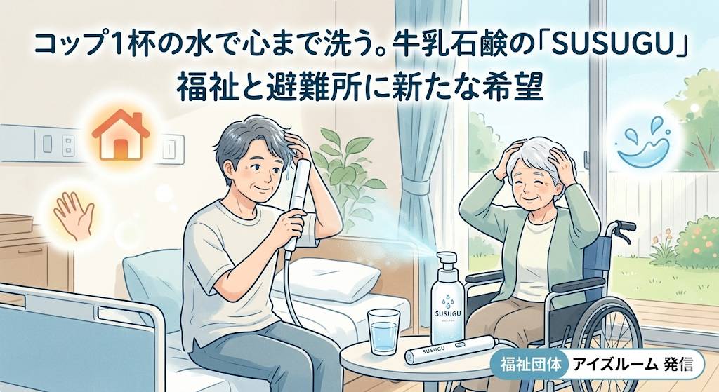 福祉現場や病院、寝たきりの高齢者などに最適の、コップ1杯の水で洗髪出来る画期的なシステムを、有名な石鹸メーカーが開発した商品のイメージ画像です。