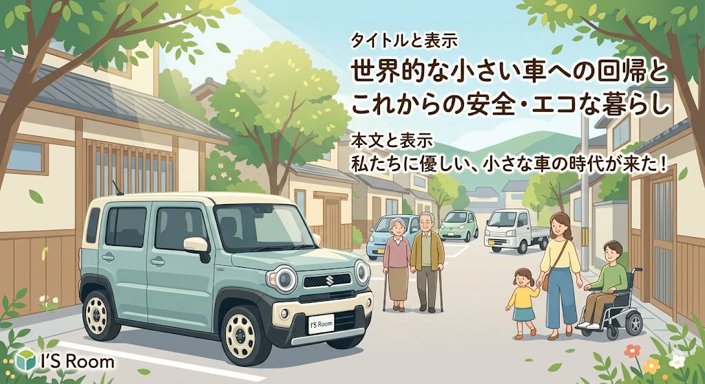 世界情勢の変化に伴い日本のコンパクトカーが見直されているという情報をイメージ化したイラスト画像です。