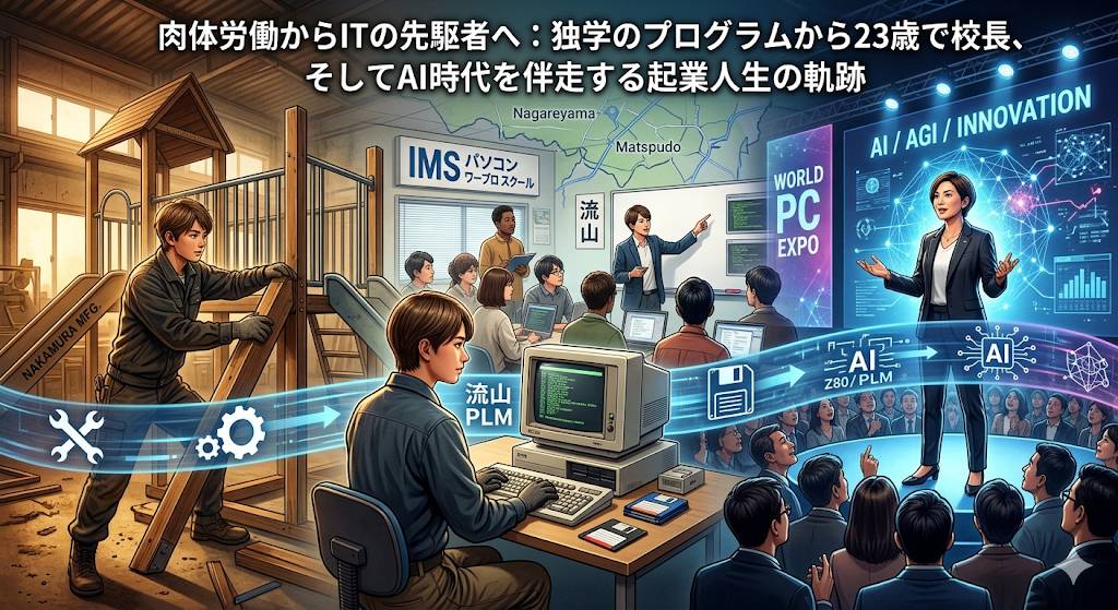 作業員からプログラマー、コンピュータースクール経営への流れをイメージしたイラストです。