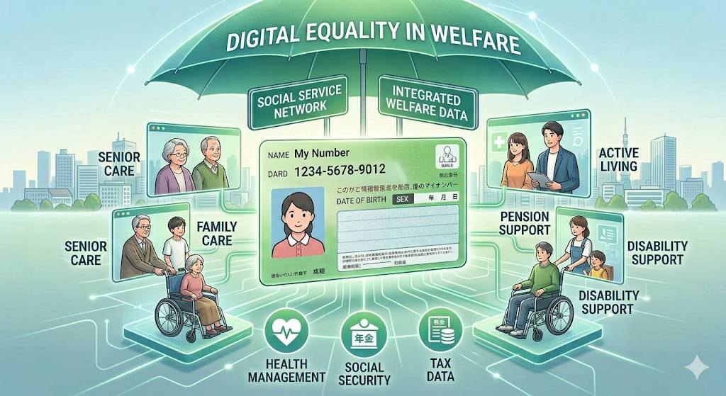 日本のマイナンバーカードの制度を普及促進するための、英語表記イメージイラスト画像です。