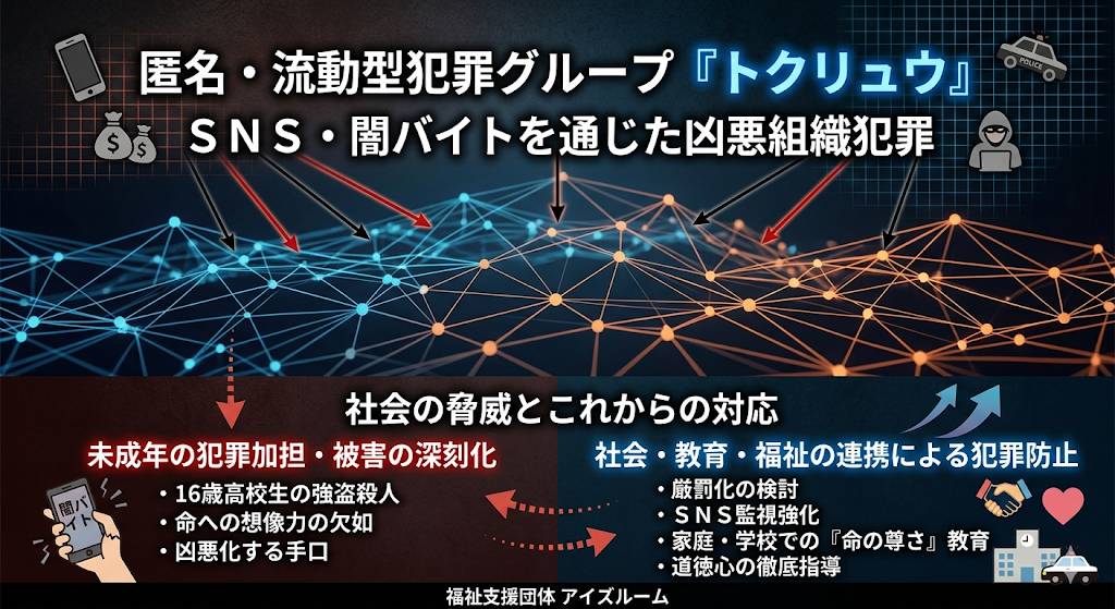 匿名流動型犯罪16歳高校生4人による冷酷な強盗殺人事件の問題をイラスト化した画像です。