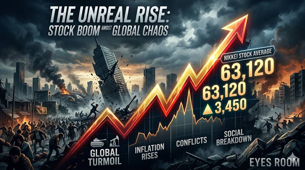 2026年5月7日、実態経済にそぐわない世界株高にけん引された日本の株価最高値、暗黒のマネーゲームを示唆したイラストです。