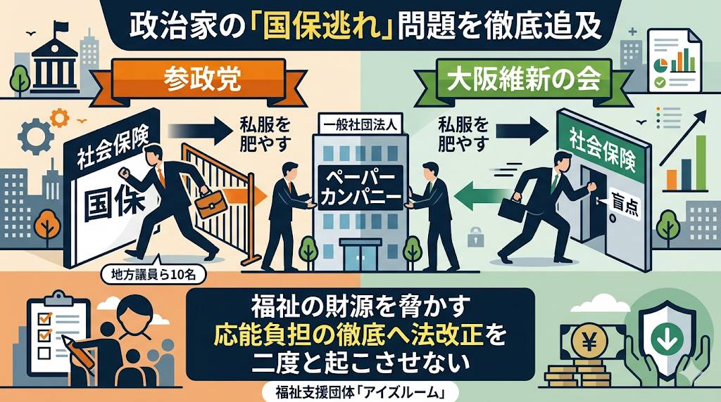 参政党地方議員でも国保逃れが発覚、政治家の責任と倫理を問うイラスト画像です。