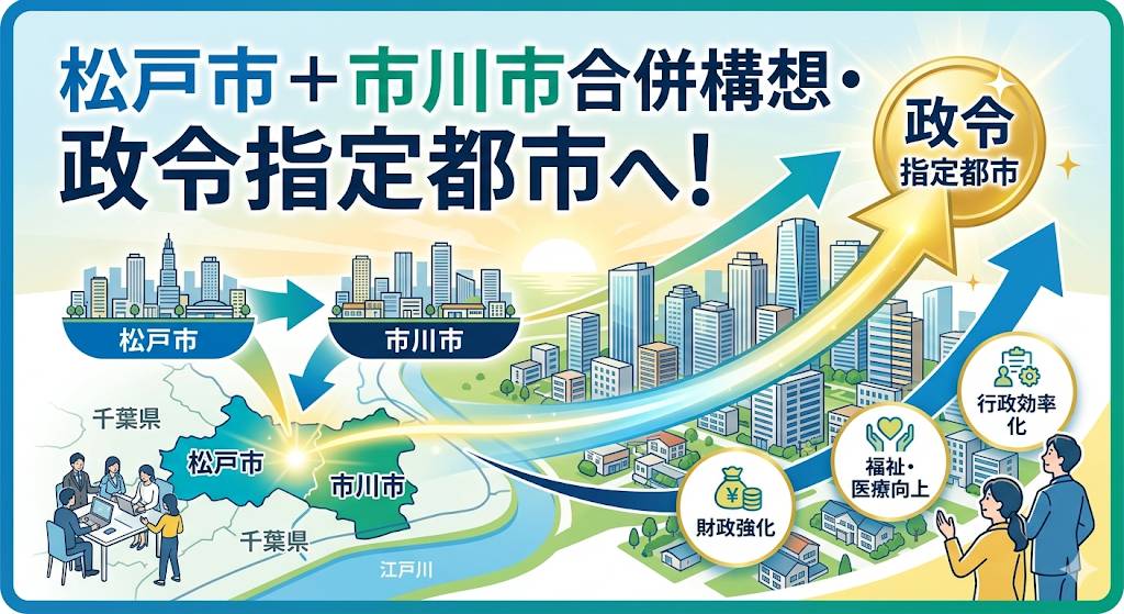 松戸市＋市川市 政令指定都市への歩みをイメージしたイラストです。