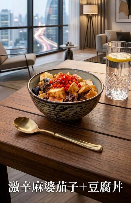 モダンなリビングのテーブルに置かれた、アレンジレシピ「激辛マーボー茄子＋豆腐丼」の料理完成画像です。