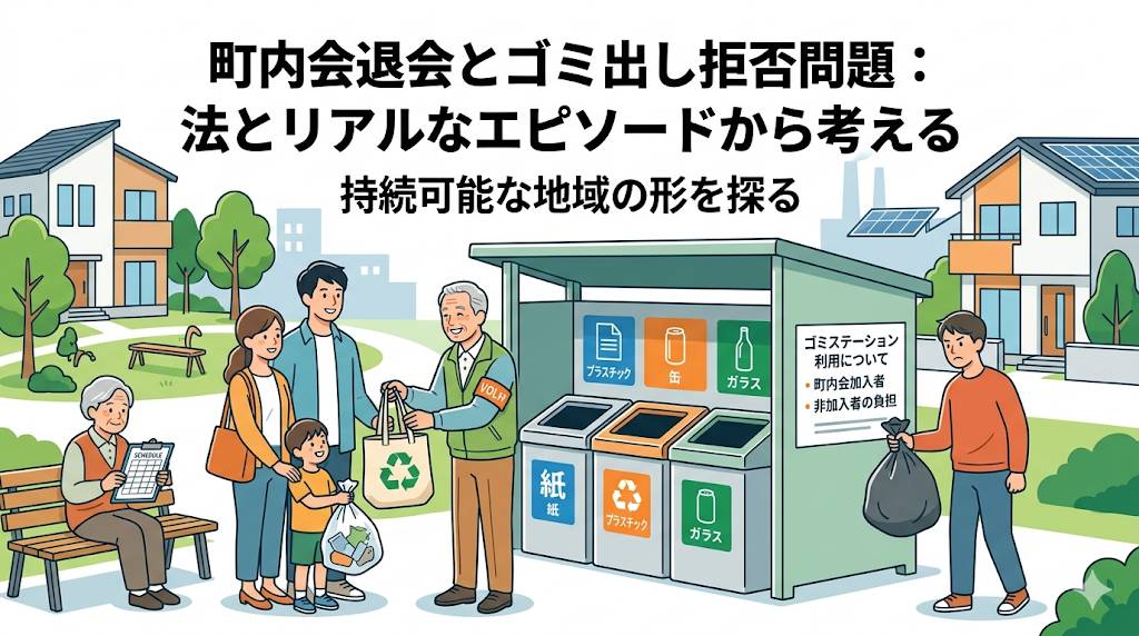 町会費を払わない住民に対して、ゴミ捨てを拒否した町会の問題に関して、問題定義をするイメージ画像となっています。