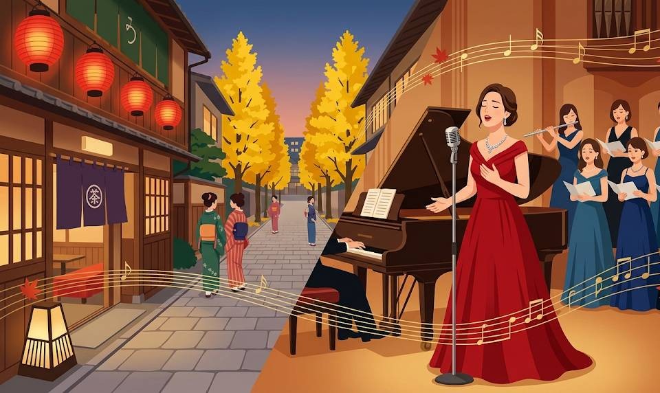 新宿区神楽坂の歴史と、コンサートイベントの告知をイメージしたイラストです。