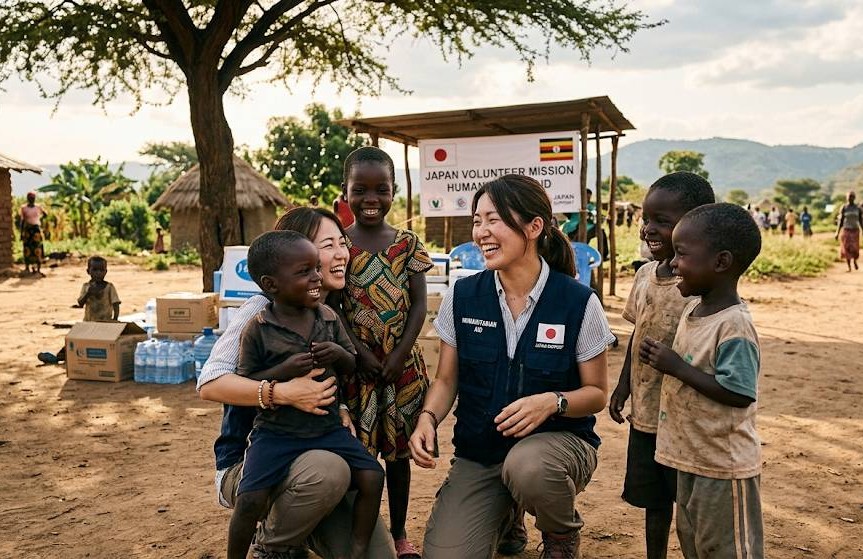 アフリカで日本人の女性が人道支援をしていて、現地の子供達が笑顔で支援を求めて集まっている画像です。