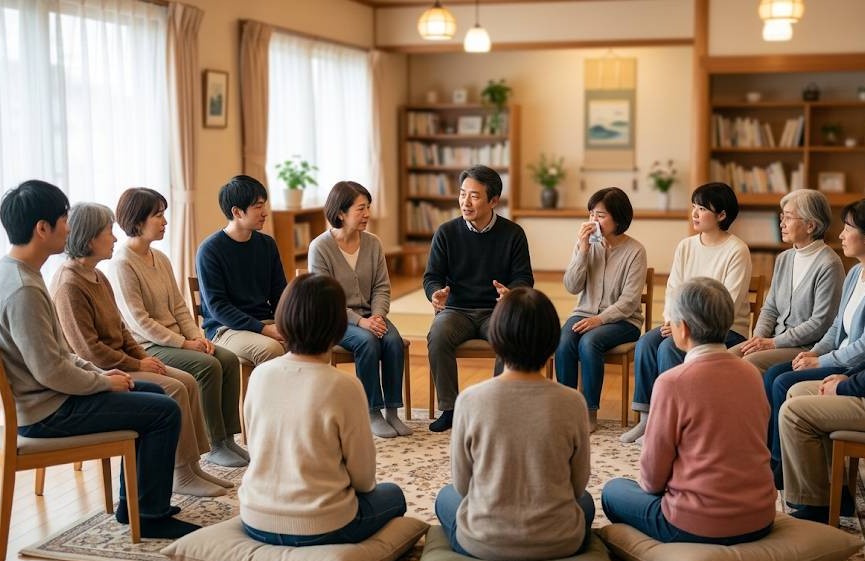 大切な人を病気・事故・事件で亡くした人達が集まり、心のケアをする「グリーフケアの会」に集まって、みんなで対話をしているイメージ画像です。