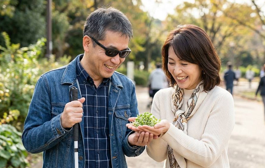 公園で視覚障害者の夫と奥さんが、手のひらにブロッコリースプラウトをのせて優しく見つめているイメージ画像です。