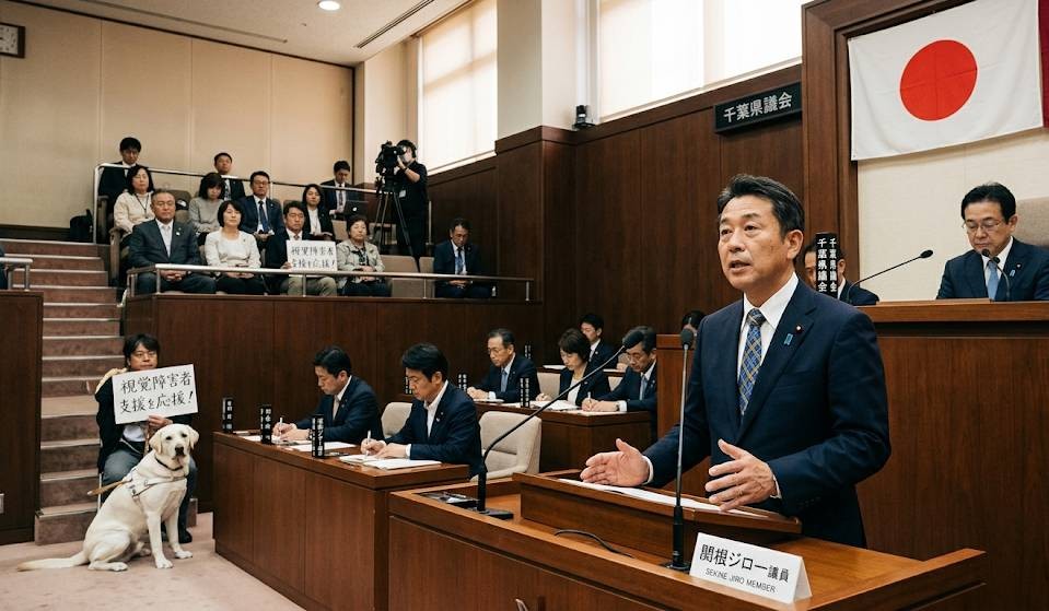 県議会の中で、視覚障害者に関する様々な支援を促進するための発言をしている議員のイメージを画像化したものです。
