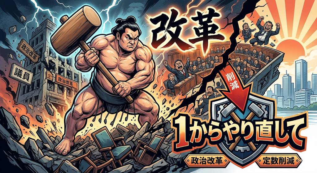 力士がハンマーを持って、政治の身を切る改革(議員定数削減)を断行すべく表現されたイラスト、松戸市の再起をかけた提案を含めたイメージ画像です。