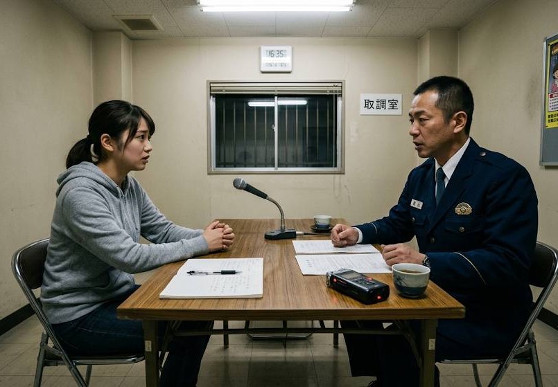 日本の警察の取調室で若い女性から調書を取っているイメージ画像です。
