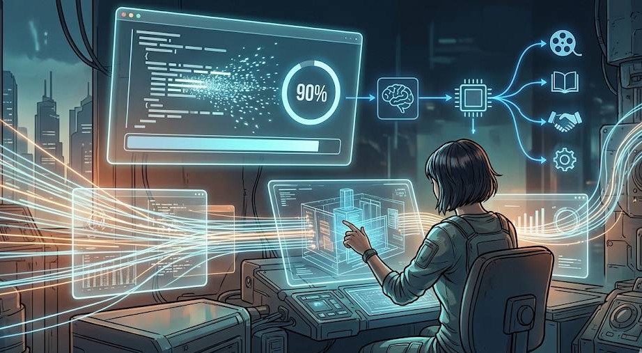AI革命が及ぼすソフトウェア開発技術者が、次世代型コーディングを行うイメージイラストの画像です。