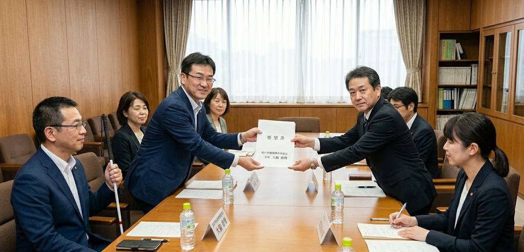 障害福祉課へ視覚障害者協会の要望書を提出した際の、会議室内でのイメージ画像となります。