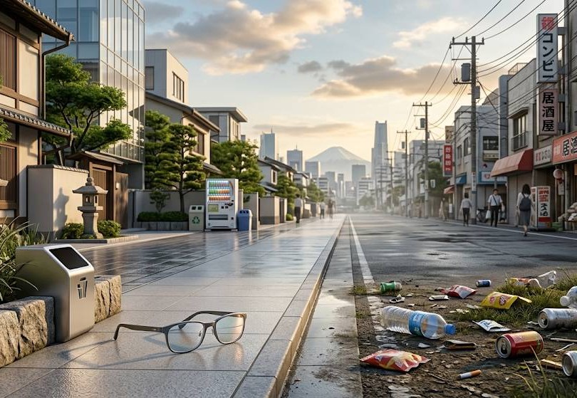 渋谷のゴミポイ捨て2,000円過料に関する、清潔な街と汚れた街の対比画像です。