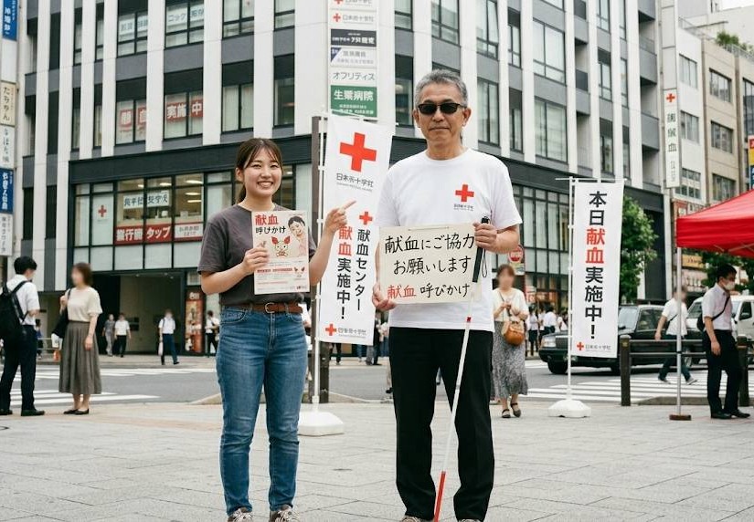 ビルの前で長身の男性視覚障害者が、胸の前でパネルを持ち、献血の呼び掛けボランティアをしている。隣には同行援護ヘルパーが案内のビラを配っている画像です。