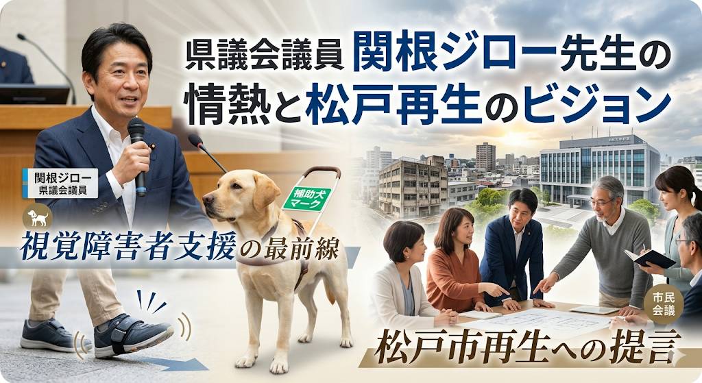 県政報告会での盲導犬普及活動及び松戸市の赤字財政を表現したイメージ画像です。