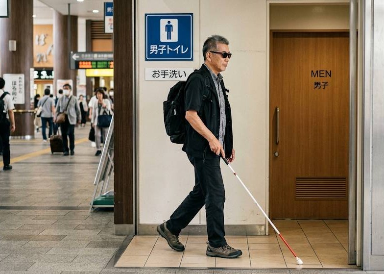 男性の視覚障害者が、白杖単独歩行で公共のトイレを利用する為に、トイレに向かって進んでいるAI生成の画像です。