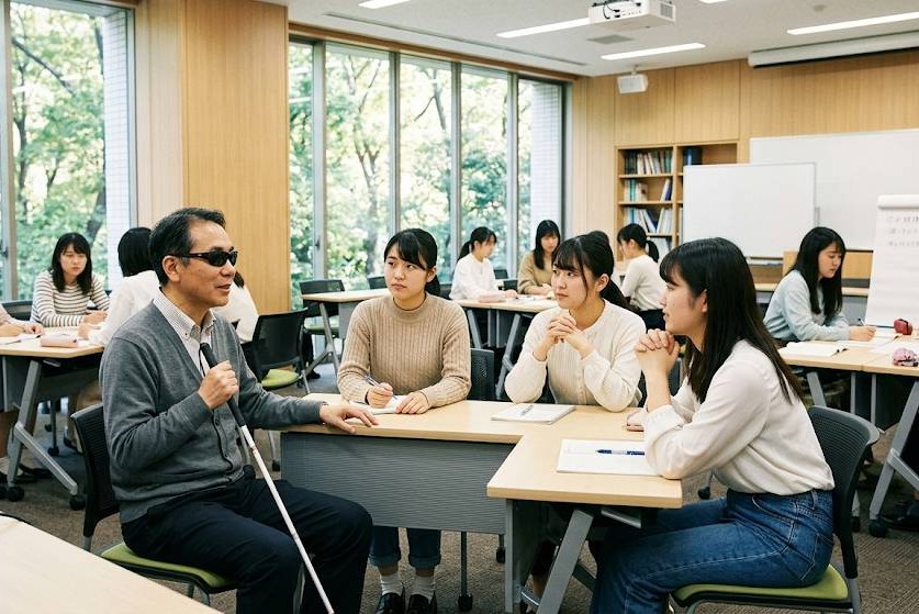 女子大学の講義室で、視覚障害者の男性と女子大学生3人が、グループディスカッションをしているイメージ画像です。
