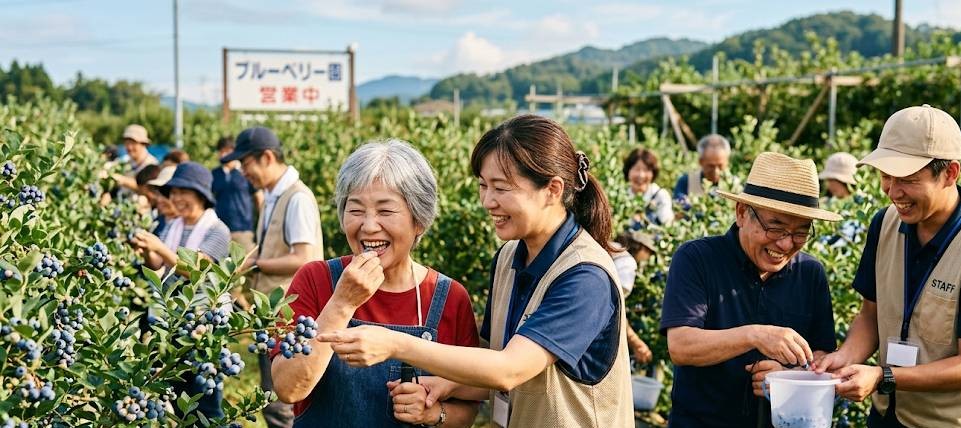 松戸市視覚障害者協会の夏のイベント「ブルーベリー狩り」、視覚障害者の人と同行援護ヘルパーの人達が、ブルーベリーを取り、その場で楽しく笑顔で食べているイメージ画像です。