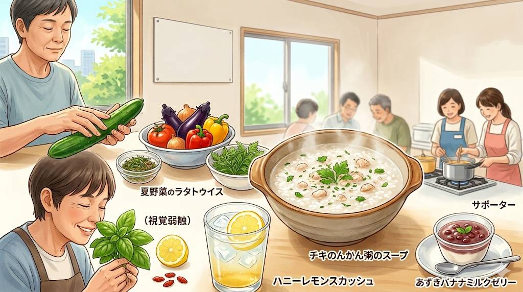 視覚障害者の料理イベントワークショップをイメージしたイラストです。