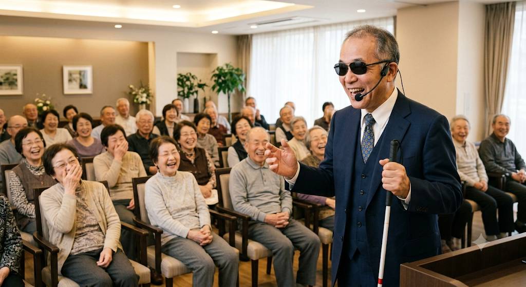視覚障害者の男性が老人施設を慰問して、爆笑の一人語りをしている画像です。