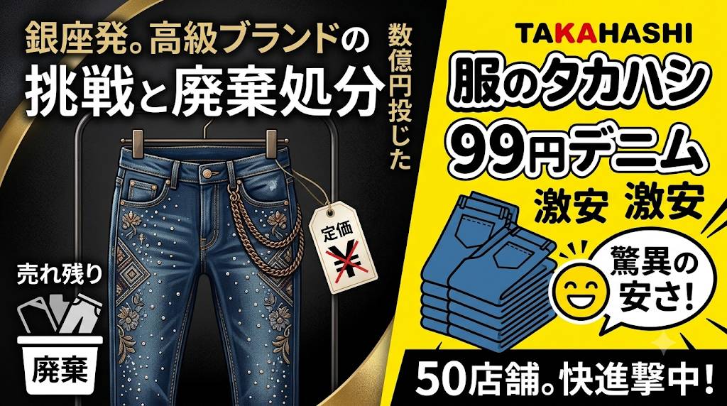 アパレルハイブランド廃棄問題と、在庫格安処分激安店の対比イメージ画像です。