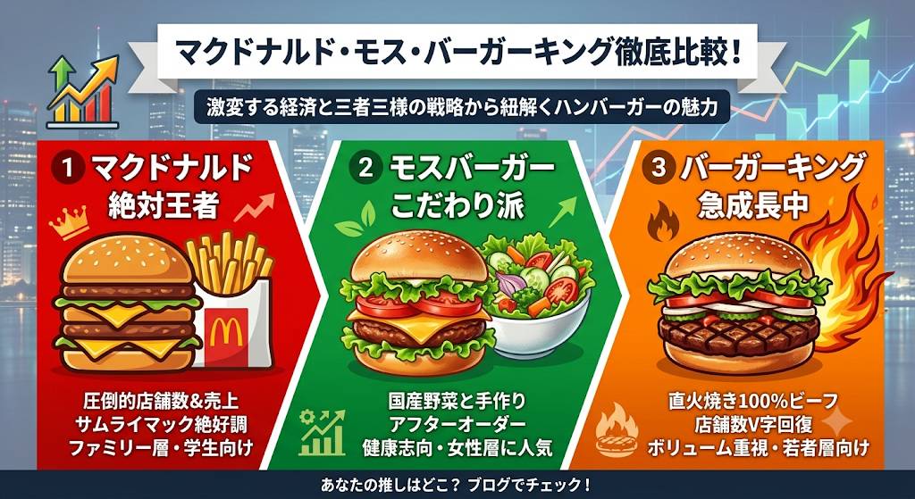 「マクドナルド・モスバーガー・バーガーキング」ハンバーガーのトップ3徹底比較をしたイメージ画像です。