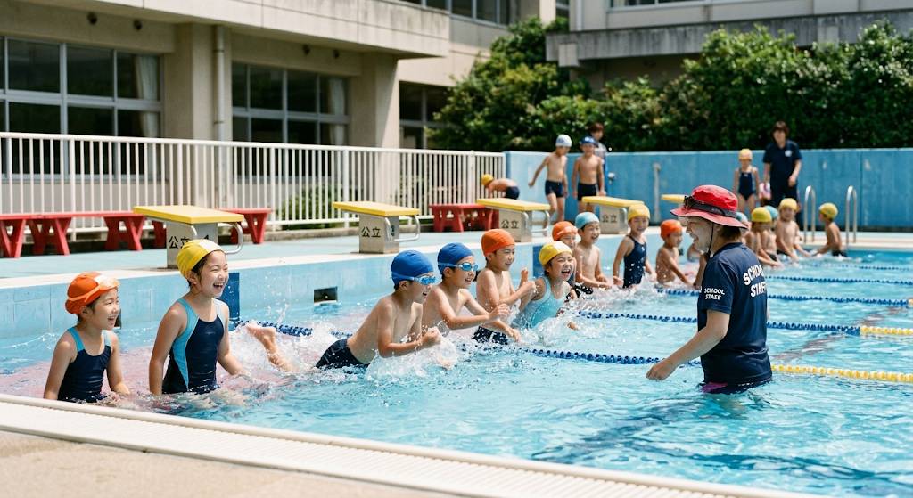 公立学校のプール授業で、生徒たちが笑顔で写っているイメージ画像です。