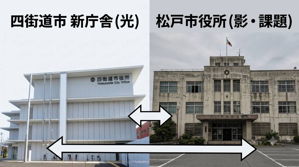 左側は最先端の防災を備えた四街道市の新庁舎の写真で、右側はボロボロで老朽化した松戸市の庁舎のイメージ画像です。