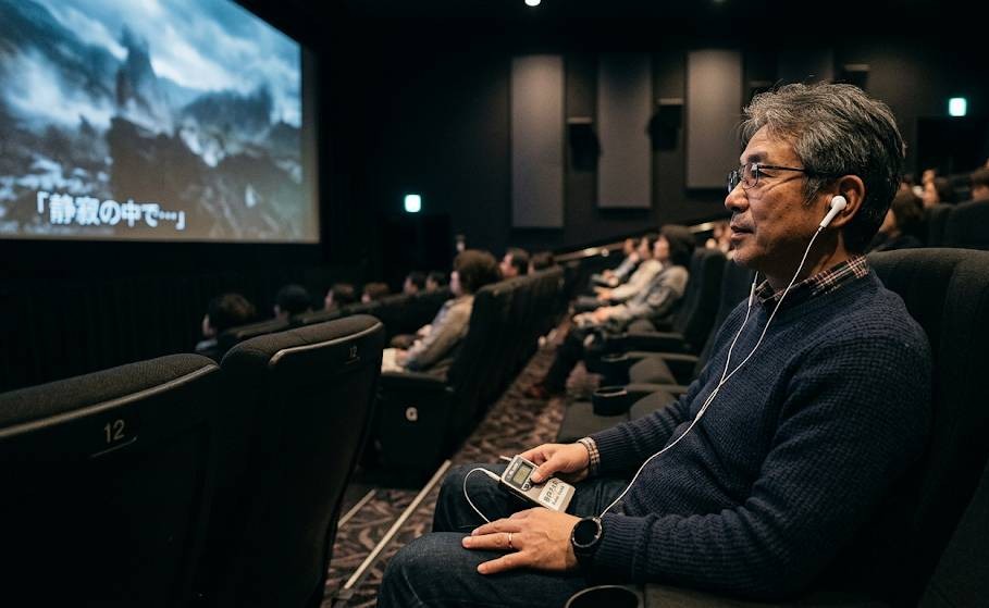 男性の視覚障害者が、映画館で音声ガイドをイヤホンで聞きながら、映画を楽しんでいる画像です。