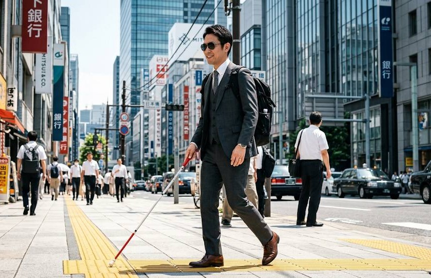 長身の視覚障害者の男性(全盲の問題解決コンサルタント)が、ダークスーツを着て、遮光眼鏡(東海光学レンズ)をかけ、右手には白杖をつきながら黒のリュックサックを背中に背負い、都会の道を直射日光の元さっそうと仕事へ向かうイメージをした画像です。