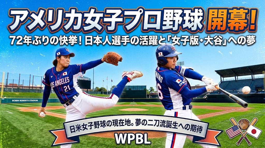米国女子プロ野球2026年夏開幕、日本人選手多数在籍、女子の選手が野球をしているイメージ画像です。