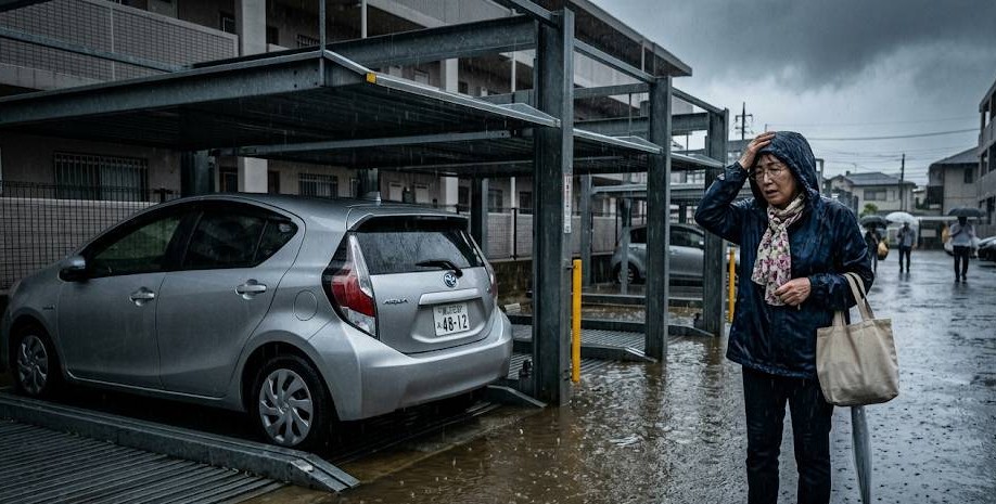 線状降水帯・ゲリラ豪雨で昇降型地下駐車場トラブル、水没した車の前で茫然と立ちすくむ女性のイメージ画像です。