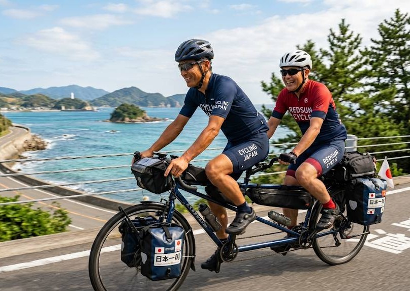 視覚障害者の男性が友人とタンデム自転車に乗り、野宿をしながら旅行する。写真は男性二人が一つの自転車に乗り笑顔で冒険をしている画像です。