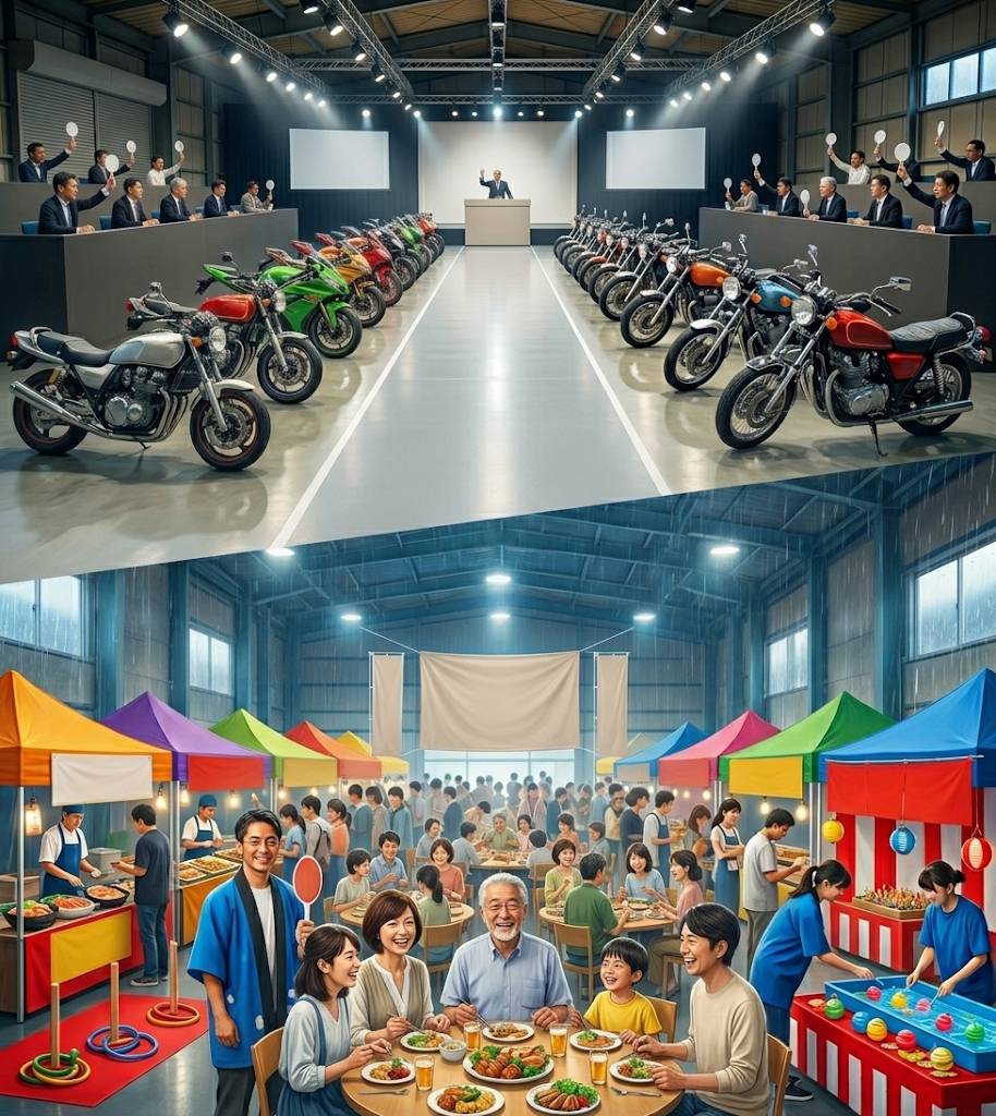 バイクオークション会場「BDS」夏まつりファミリー感謝イベントの模様をイメージした画像です。
