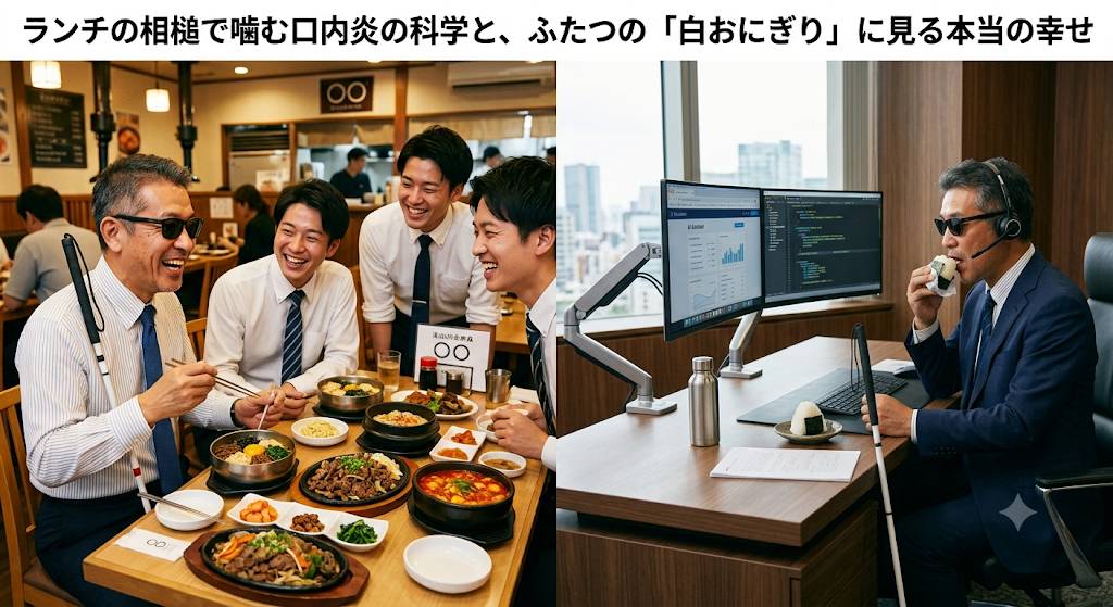 仕事用のランチの時間活用を、左と右で表現したイメージ画像です。左側はスタッフと会食、右側は一人でおにぎりを食べる画像。