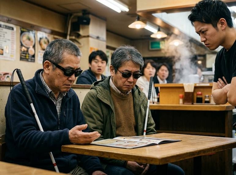 全盲の視覚障害者男性二人が飲食店に入店し、視覚障害を理由に利用を断られた状況をイメージした画像です。