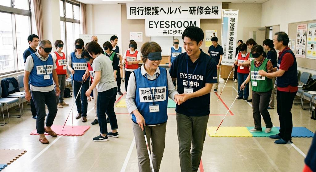 視覚障害者の同行援護(ガイドヘルパー)資格取得の為の研修風景の画像です。