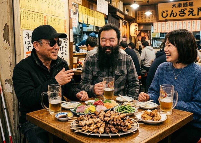 北千住の老舗人気居酒屋「じんざえもん」で全盲の男性二人とヘルパーの女性一人が、会食をしている画像です。