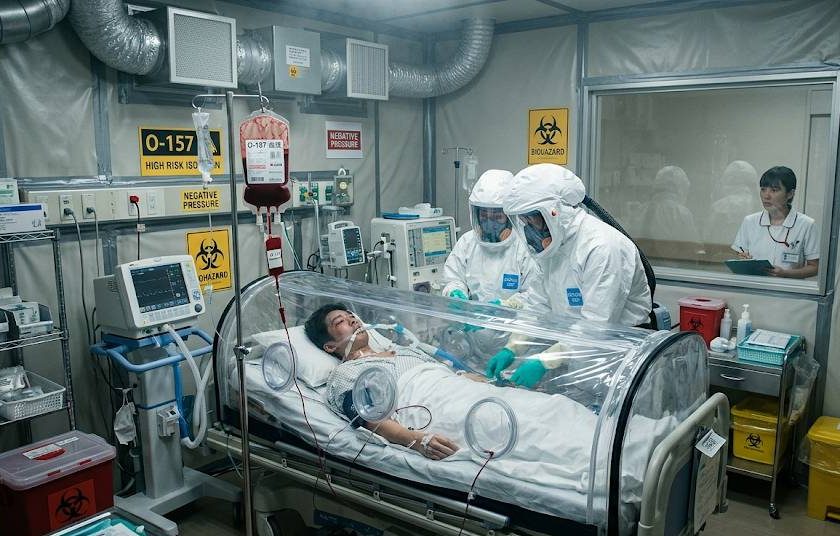 感染症「O157」に感染した男児を、隔離病棟で防護服を着た医療従事者が、治療及び血液の入れ替え(緊急輸血)を行っているイメージ画像です。
