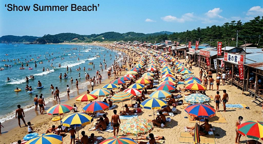 懐かしい昭和時代の活気溢れる海水浴場をイメージした画像です。