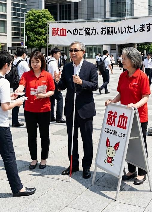 日本赤十字社献血街頭声掛けボランティア、中心に視覚障害者の男性、両脇にサポートスタッフの女性二人のイメージ画像です。