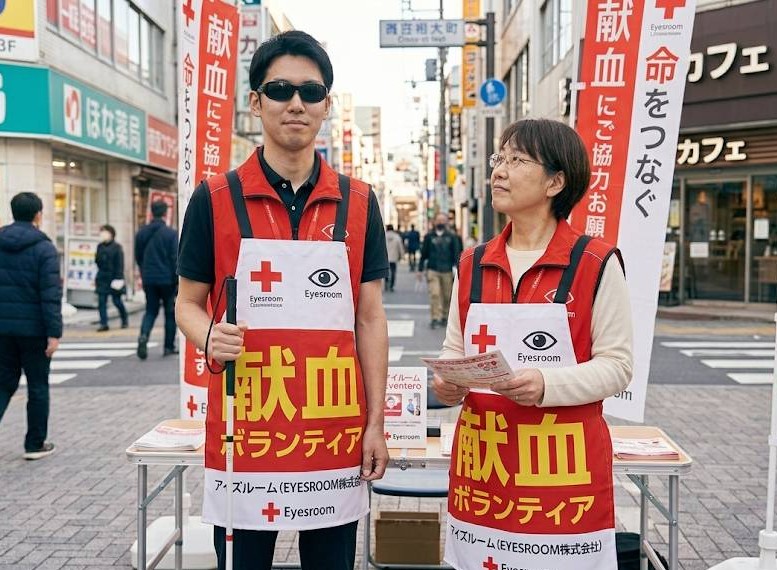 駅近くの街頭で、視覚障害者の男性とガイドヘルパーの女性が、日赤の献血ボランティア声掛け活動をしているイメージ写真です。